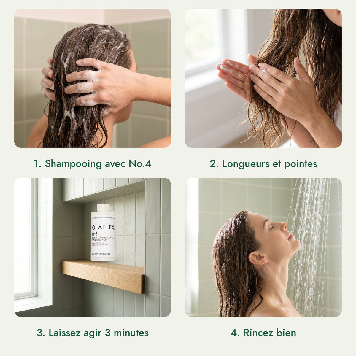 Olaplex No.5 Bond Maintenance Conditioner: Shampooing avec No.4, Longueurs et pointes, Laissez agir 3 minutes, Rincez bien