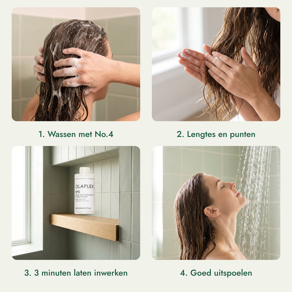 Olaplex No.5 Bond Maintenance Conditioner: Wassen met No.4, Lengtes en punten, 3 minuten laten inwerken, Goed uitspoelen