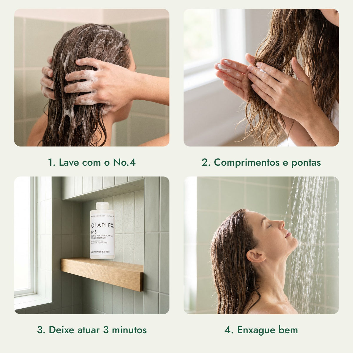 Olaplex Nº5 Amaciador de Manutenção de Ligações: Lave com o No.4, Comprimentos e pontas, Deixe atuar 3 minutos, Enxague bem