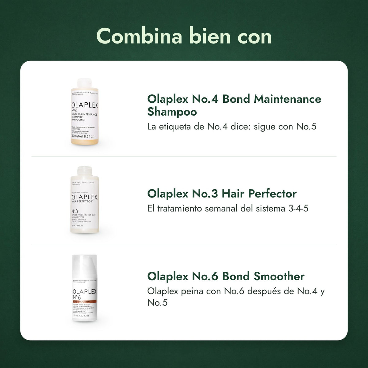 Combina bien con: Olaplex No.4 Bond Maintenance Shampoo, Olaplex No.3 Hair Perfector, Olaplex No.6 Bond Smoother