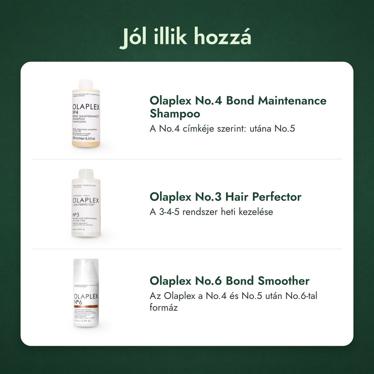 Jól illik hozzá: Olaplex No.4 Bond Maintenance Shampoo, Olaplex No.3 Hair Perfector, Olaplex No.6 Bond Smoother