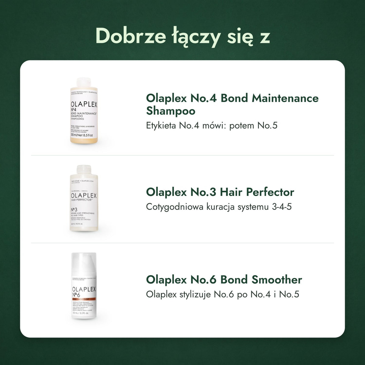 Dobrze łączy się z: Olaplex No.4 Bond Maintenance szampon, Olaplex No.3 Hair Perfector, Olaplex No.6 Bond Smoother