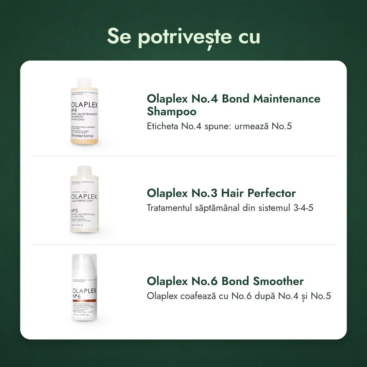 Se potrivește cu: Olaplex No.4 Bond Maintenance șampon, Olaplex No.3 Hair Perfector, Olaplex No.6 Bond Smoother