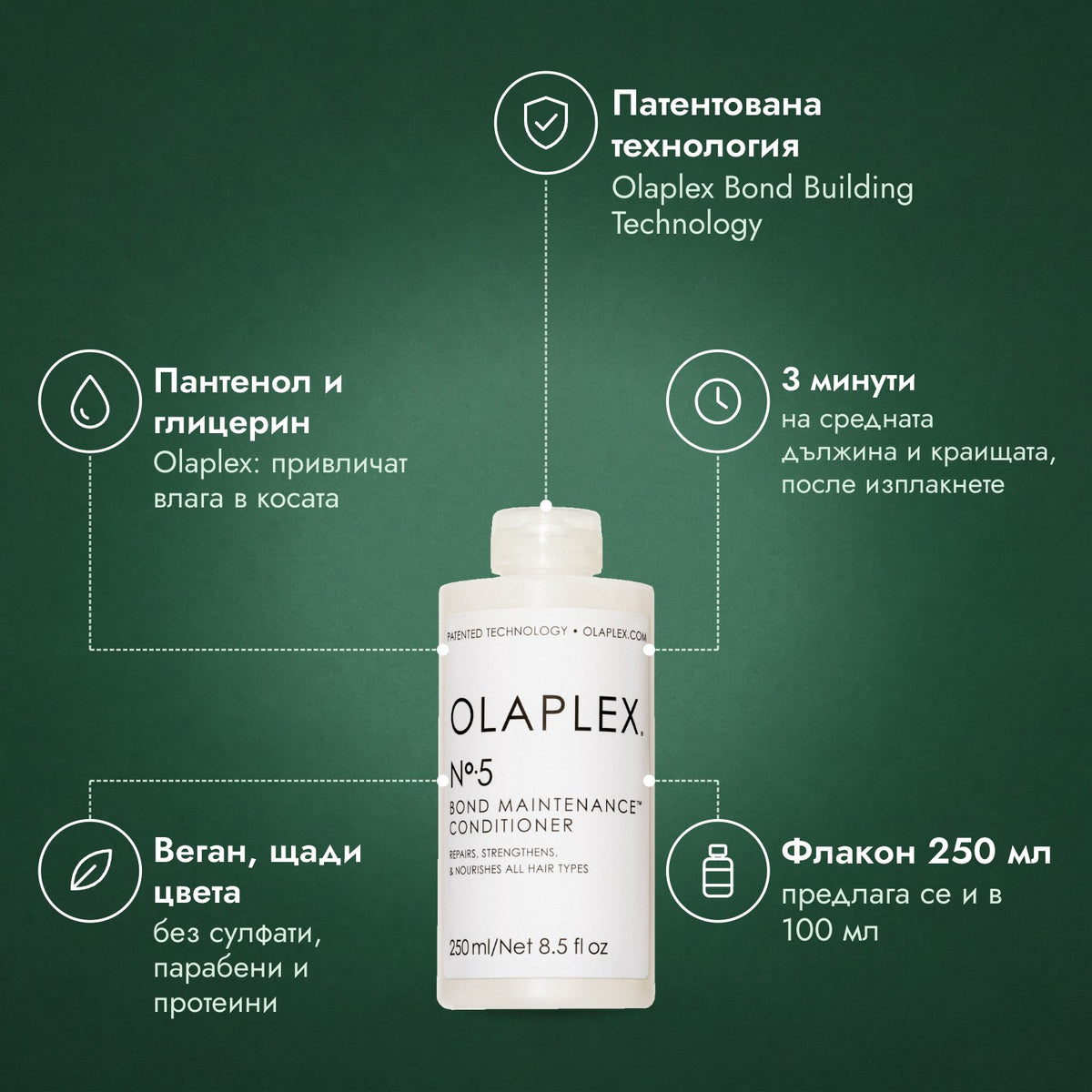 Балсам Olaplex No.5 Bond Maintenance: Патентована технология, Пантенол и глицерин, 3 минути, Веган, щади цвета, Флакон 250 мл