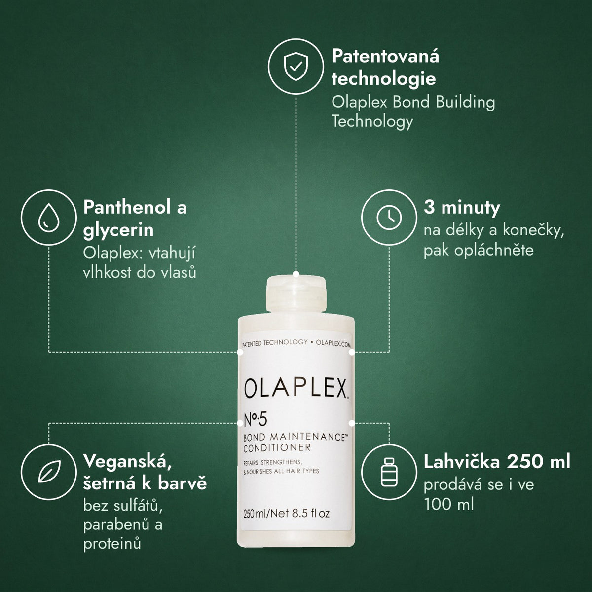 Olaplex No.5 Bond Maintenance Conditioner: Patentovaná technologie, Panthenol a glycerin, 3 minuty, Veganská, šetrná k barvě, Lahvička 250 ml