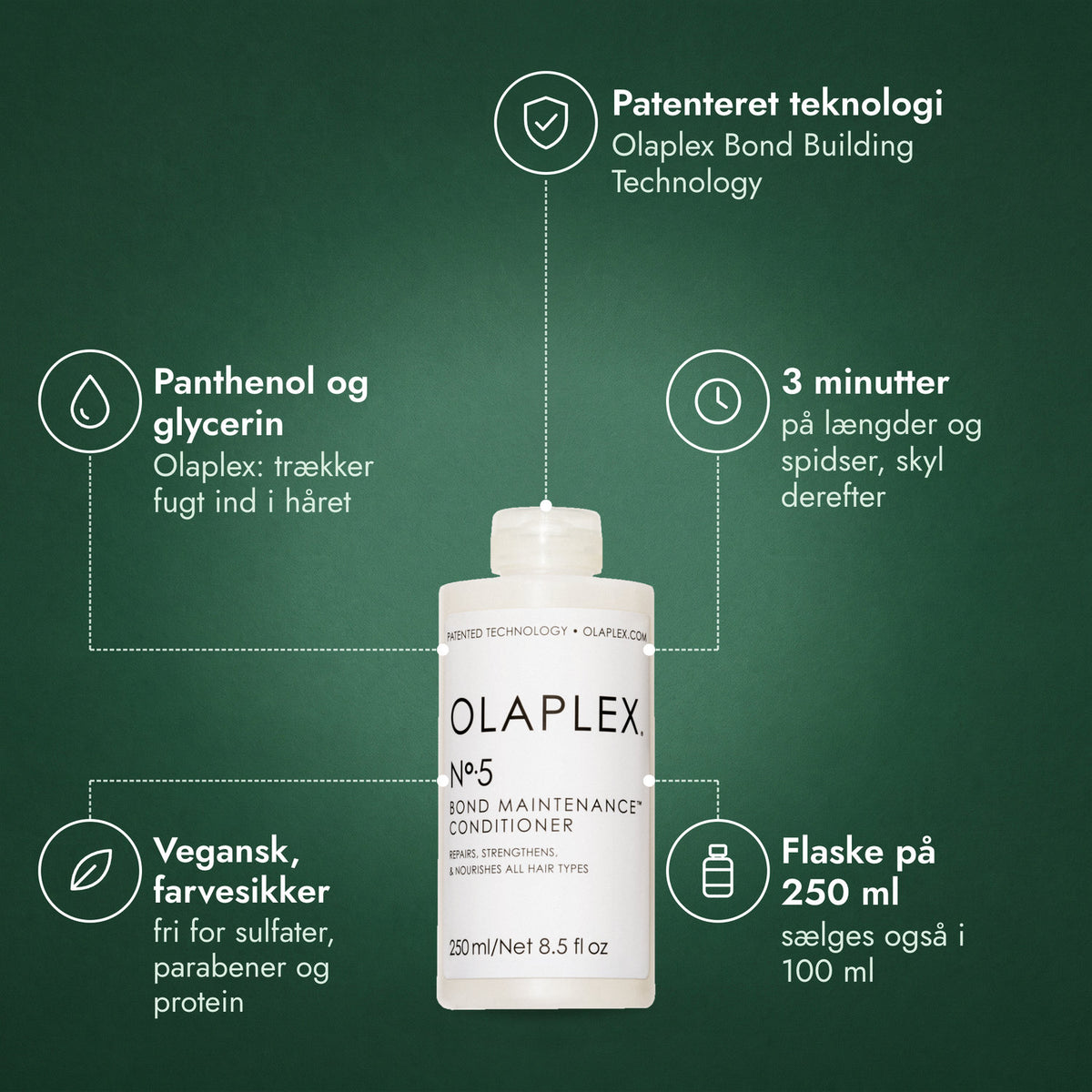 Olaplex No.5 Bond Maintenance Conditioner: Patenteret teknologi, Panthenol og glycerin, 3 minutter, Vegansk, farvesikker, Flaske på 250 ml