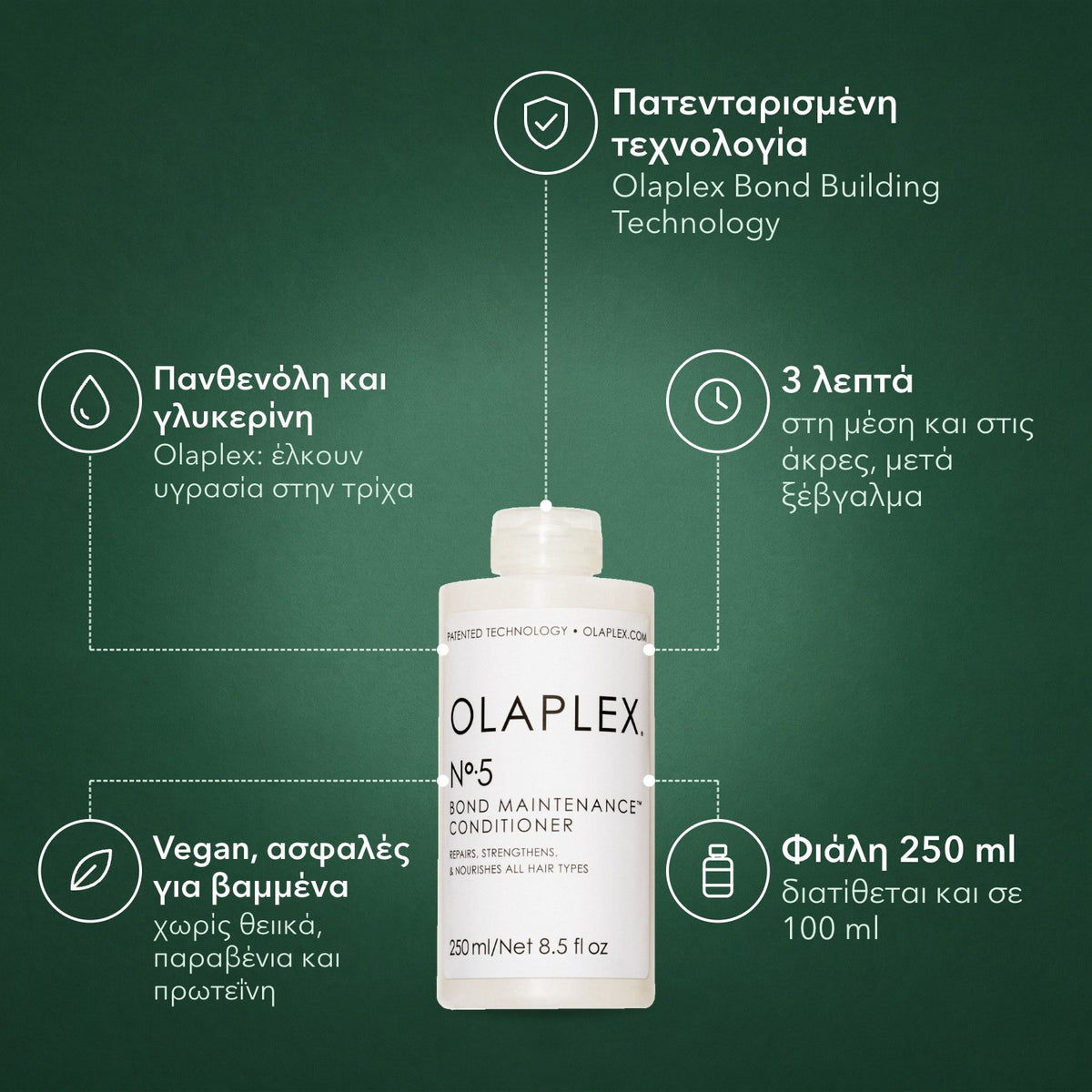 Olaplex No.5 Bond Maintenance, μαλακτική κρέμα: Πατενταρισμένη τεχνολογία, Πανθενόλη και γλυκερίνη, 3 λεπτά, Vegan, ασφαλές για βαμμένα, Φιάλη 250 ml