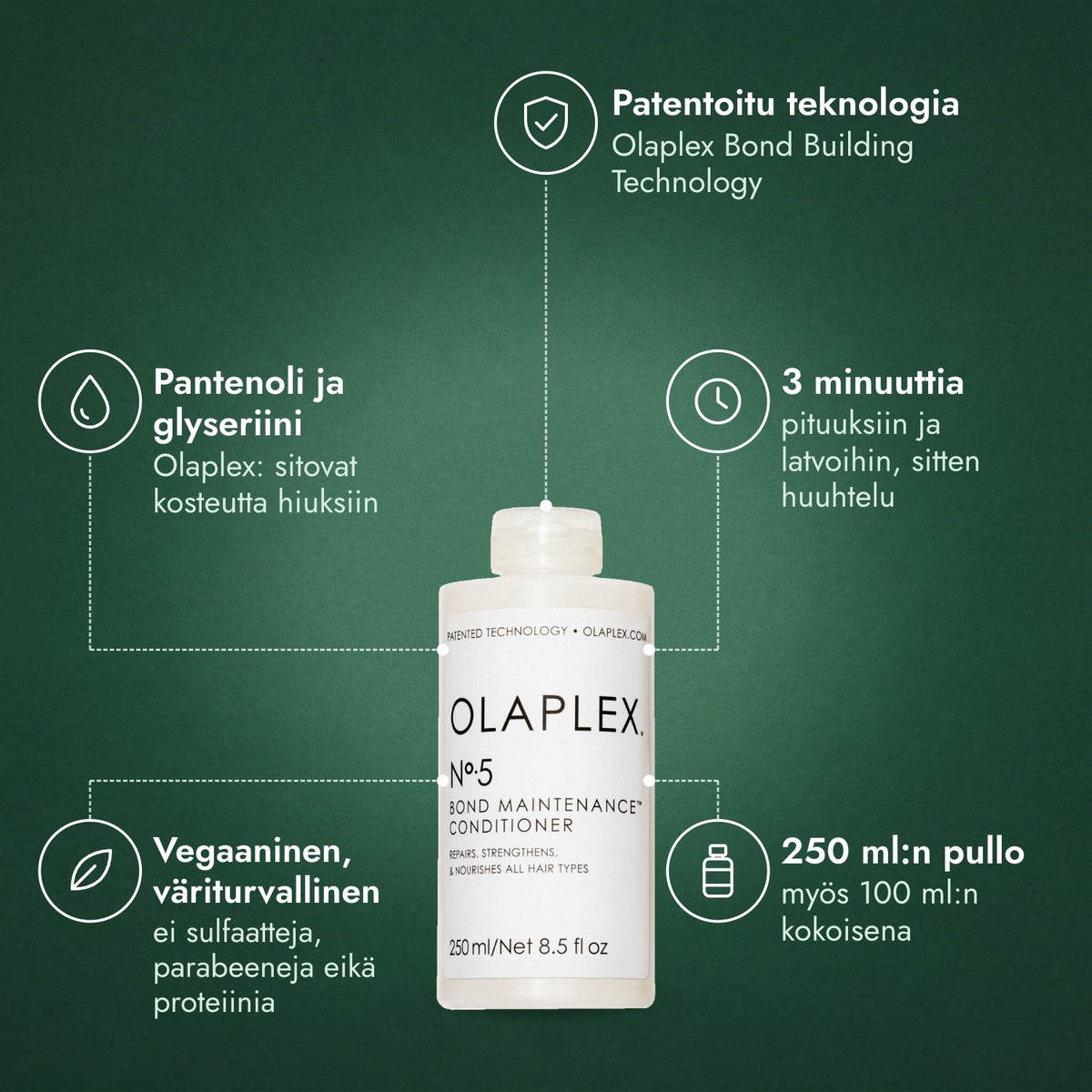 Olaplex No.5 Bond Maintenance -hoitoaine: Patentoitu teknologia, Pantenoli ja glyseriini, 3 minuuttia, Vegaaninen, väriturvallinen, 250 ml:n pullo