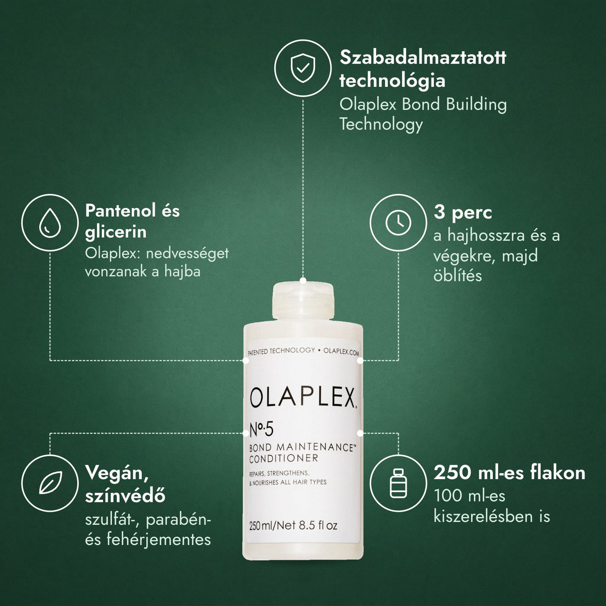 Olaplex No.5 Bond Maintenance Conditioner: Szabadalmaztatott technológia, Pantenol és glicerin, 3 perc, Vegán, színvédő, 250 ml-es flakon