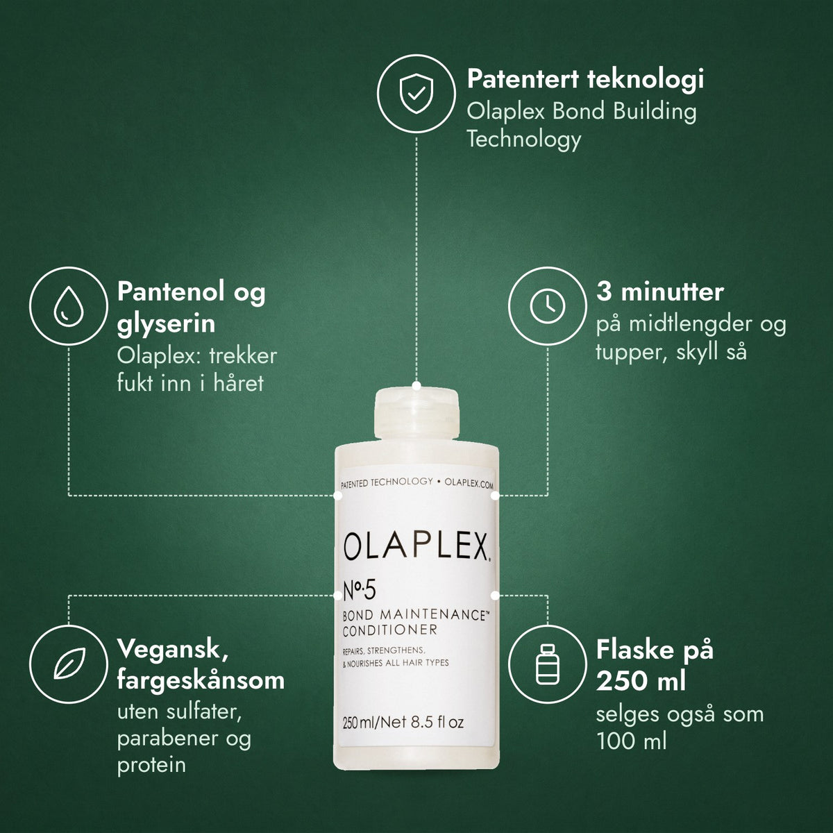 Olaplex No.5 Bond Maintenance balsam: Patentert teknologi, Pantenol og glyserin, 3 minutter, Vegansk, fargeskånsom, Flaske på 250 ml