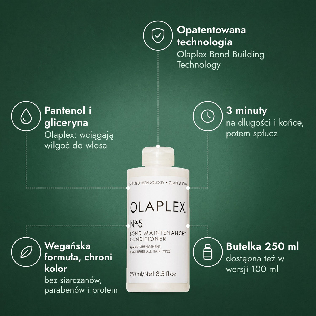 Olaplex No.5 Bond Maintenance odżywka: Opatentowana technologia, Pantenol i gliceryna, 3 minuty, Wegańska formuła, chroni kolor, Butelka 250 ml