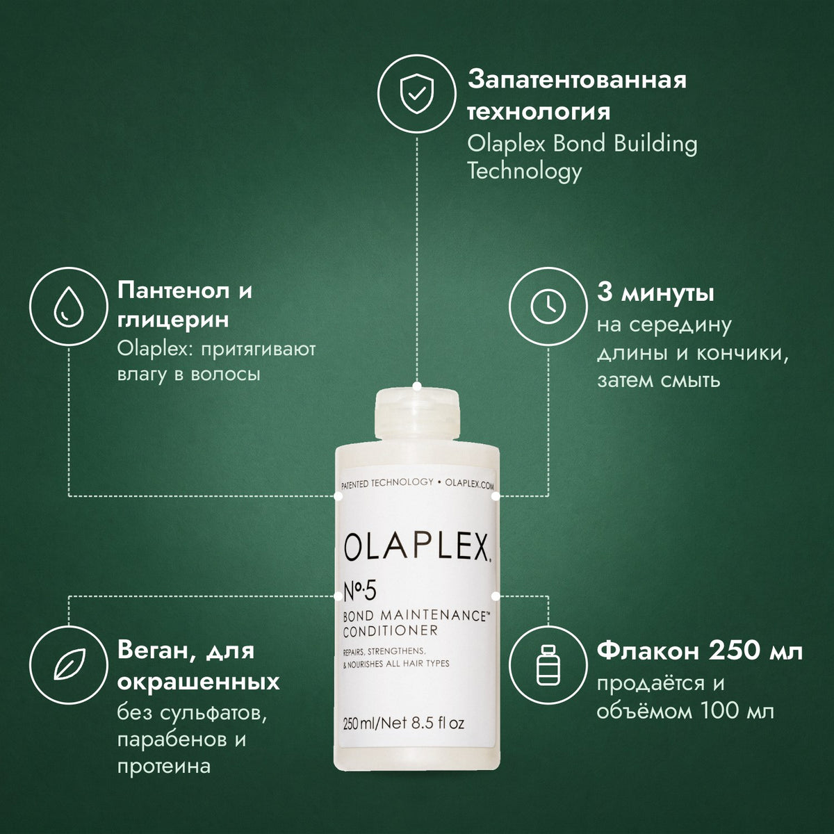 Olaplex No.5 Bond Maintenance, кондиционер: Запатентованная технология, Пантенол и глицерин, 3 минуты, Веган, для окрашенных, Флакон 250 мл