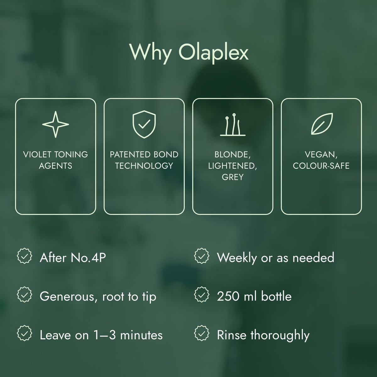Why Olaplex: Violet toning agents, Patented bond technology, Blonde, lightened, grey, Vegan, colour-safe