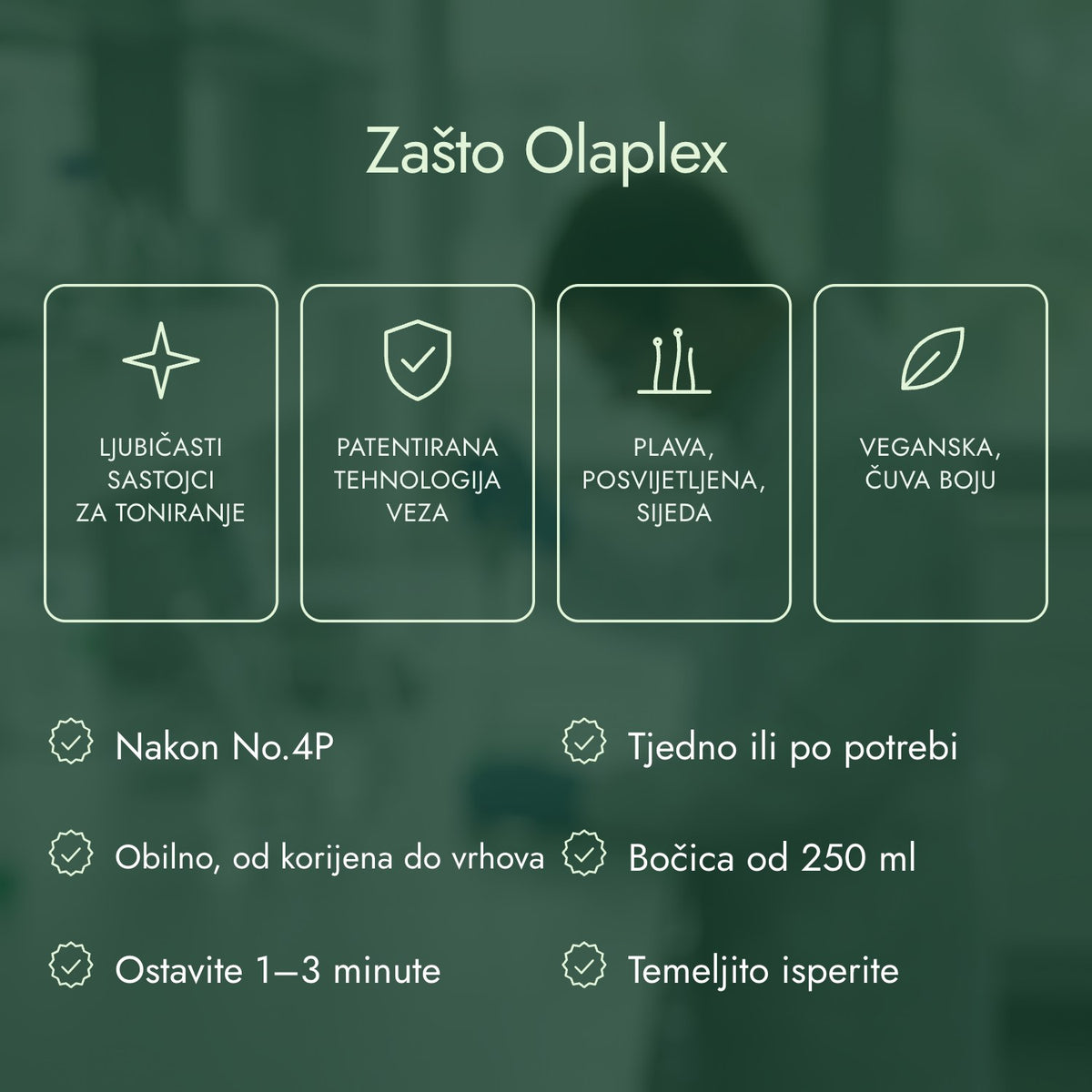 Zašto Olaplex: Ljubičasti sastojci za toniranje, Patentirana tehnologija veza, Plava, posvijetljena, sijeda, Veganska, čuva boju