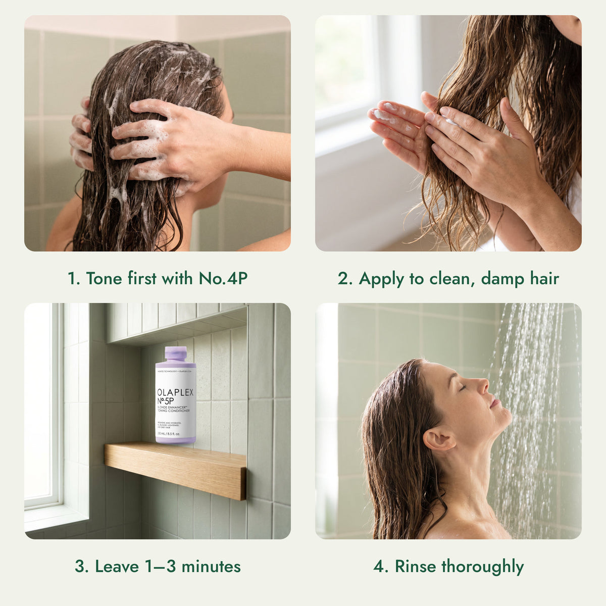 How to use Olaplex No.5P Blonde Enhancer Toning Conditioner: Tone first with No.4P, Apply to clean, damp hair, Leave 1–3 minutes, Rinse thoroughly