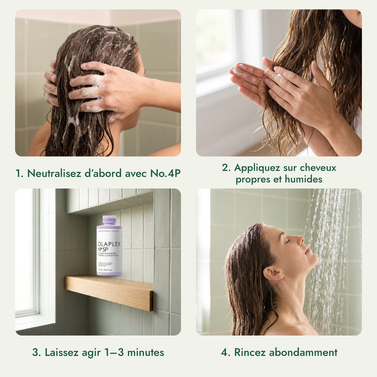 Olaplex No.5P Blonde Enhancer Toning Conditioner: Neutralisez d’abord avec No.4P, Appliquez sur cheveux propres et humides, Laissez agir 1–3 minutes, Rincez abondamment