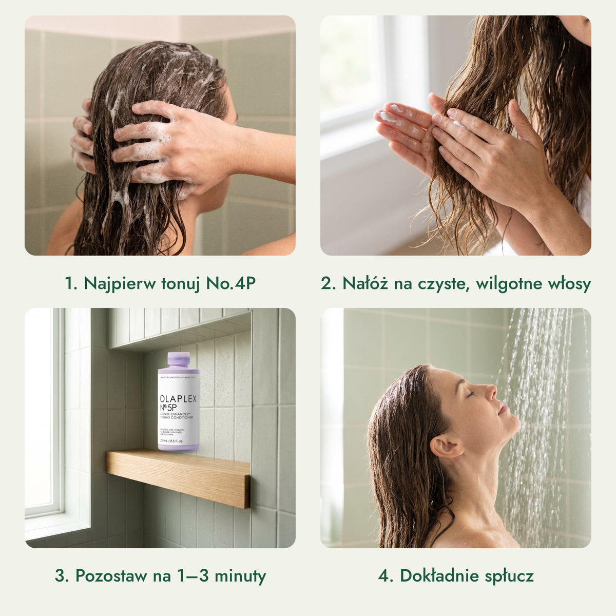 Olaplex No.5P Blonde Enhancer Toning odżywka: Najpierw tonuj No.4P, Nałóż na czyste, wilgotne włosy, Pozostaw na 1–3 minuty, Dokładnie spłucz