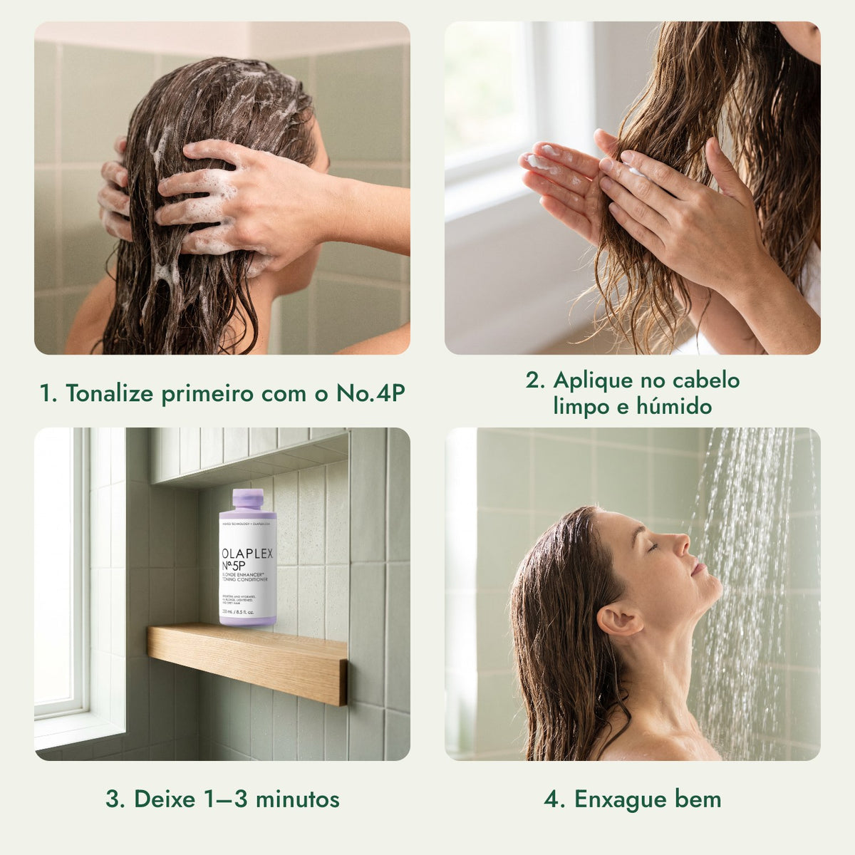 Olaplex No.5P Blonde Enhancer Amaciador Tonalizante: Tonalize primeiro com o No.4P, Aplique no cabelo limpo e húmido, Deixe 1–3 minutos, Enxague bem