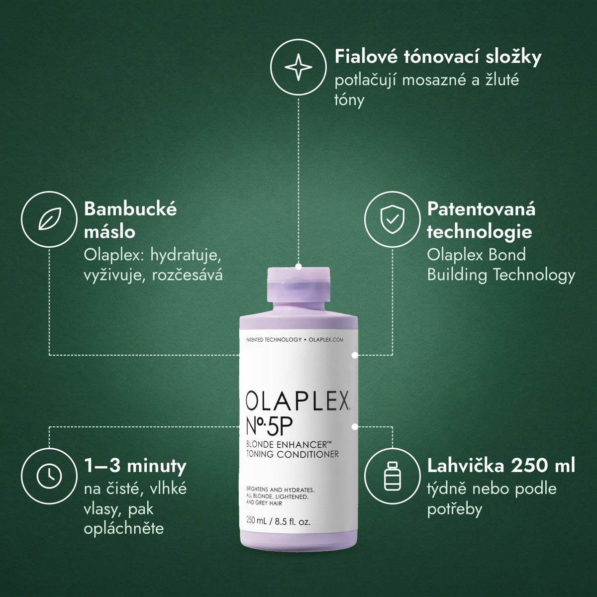 Olaplex No.5P Blonde Enhancer Toning Conditioner: Fialové tónovací složky, Bambucké máslo, Patentovaná technologie, 1–3 minuty, Lahvička 250 ml