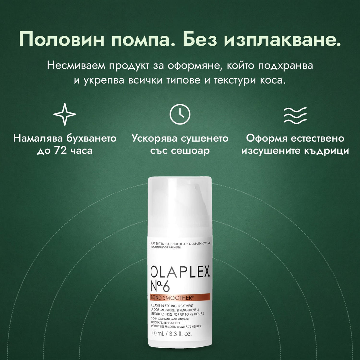 Olaplex No.6 Bond Smoother: Половин помпа. Без изплакване. Намалява бухването до 72 часа, Ускорява сушенето със сешоар, Оформя естествено изсушените къдрици