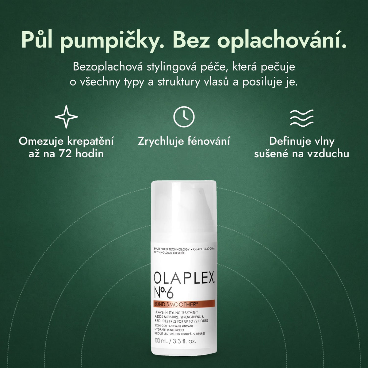 Olaplex No.6 Bond Smoother: Půl pumpičky. Bez oplachování. Omezuje krepatění až na 72 hodin, Zrychluje fénování, Definuje vlny sušené na vzduchu