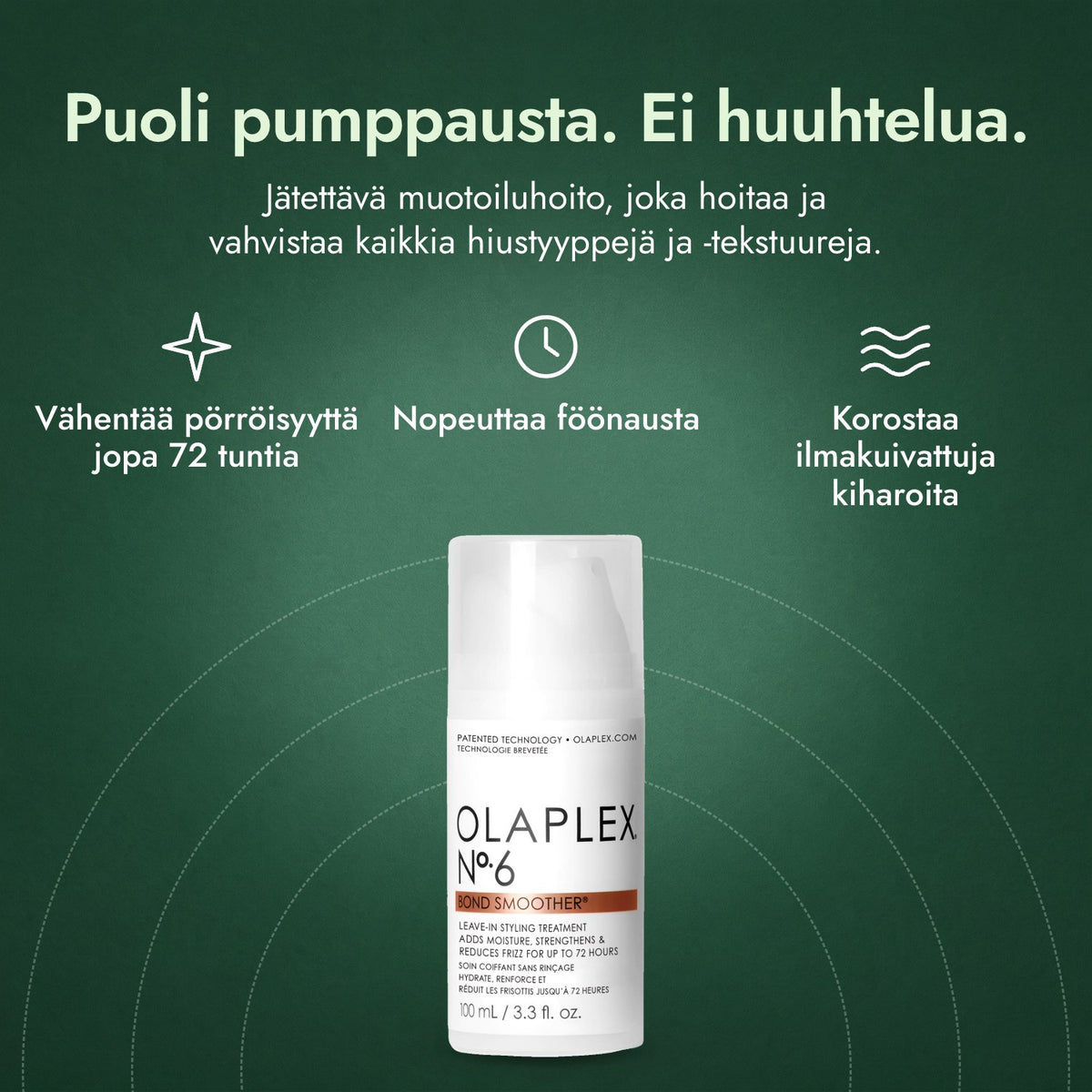 Olaplex No.6 Bond Smoother: Puoli pumppausta. Ei huuhtelua. Vähentää pörröisyyttä jopa 72 tuntia, Nopeuttaa föönausta, Korostaa ilmakuivattuja kiharoita
