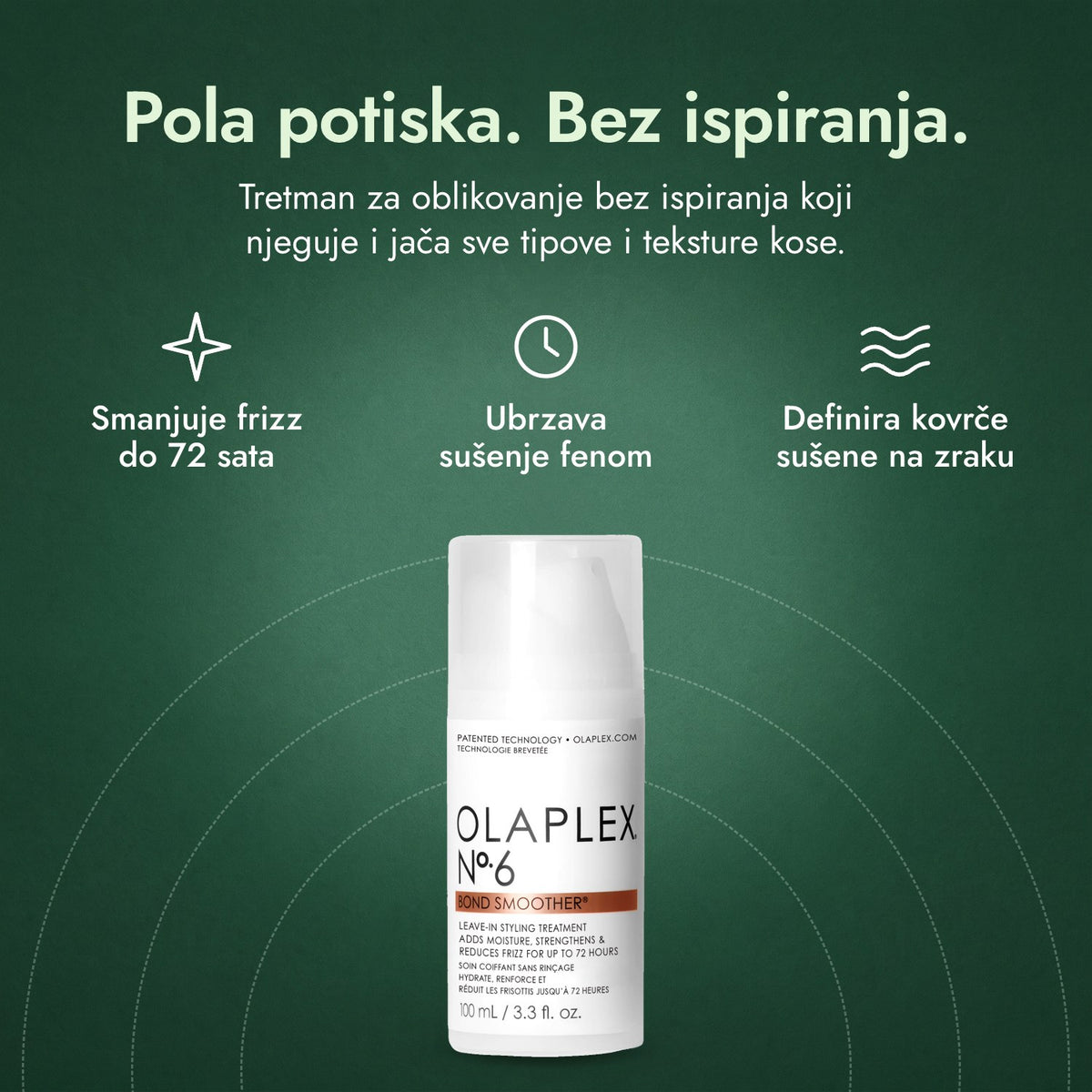 Olaplex No.6 Bond Smoother: Pola potiska. Bez ispiranja. Smanjuje frizz do 72 sata, Ubrzava sušenje fenom, Definira kovrče sušene na zraku