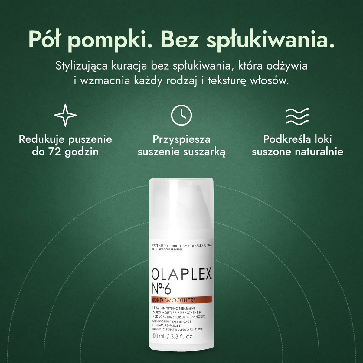 Olaplex No.6 Bond Smoother: Pół pompki. Bez spłukiwania. Redukuje puszenie do 72 godzin, Przyspiesza suszenie suszarką, Podkreśla loki suszone naturalnie