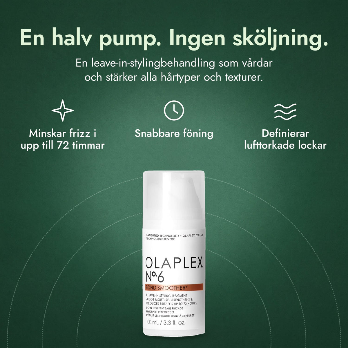 Olaplex No.6 Bond Smoother: En halv pump. Ingen sköljning. Minskar frizz i upp till 72 timmar, Snabbare föning, Definierar lufttorkade lockar