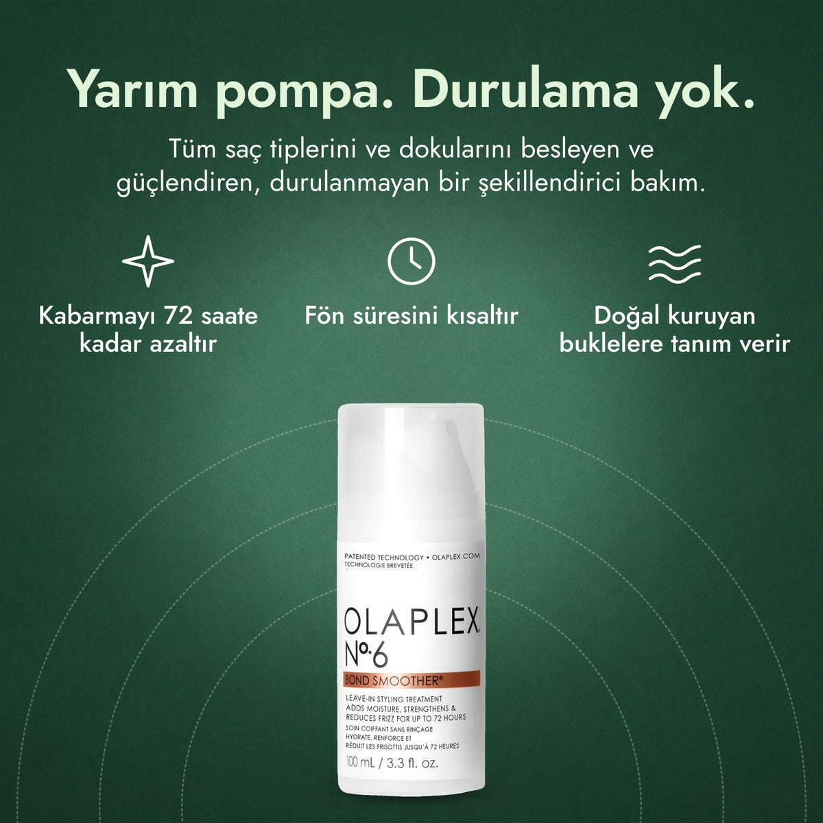 Olaplex No.6 Bond Smoother: Yarım pompa. Durulama yok. Kabarmayı 72 saate kadar azaltır, Fön süresini kısaltır, Doğal kuruyan buklelere tanım verir