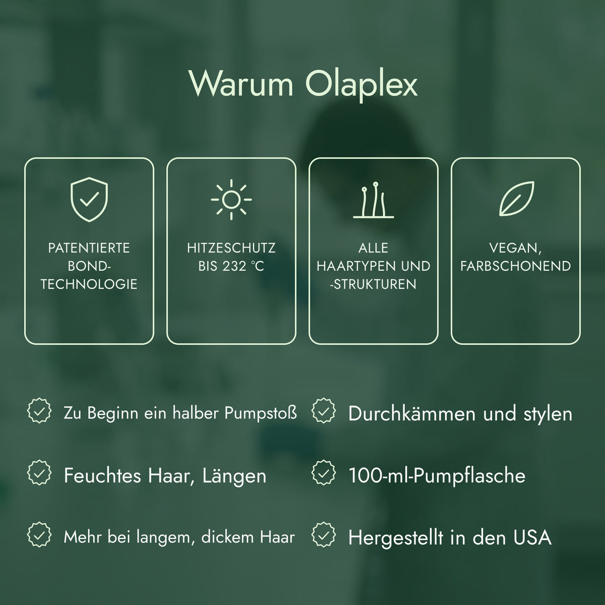 Warum Olaplex: Patentierte Bond-Technologie, Hitzeschutz bis 232 °C, Alle Haartypen und -strukturen, Vegan, farbschonend