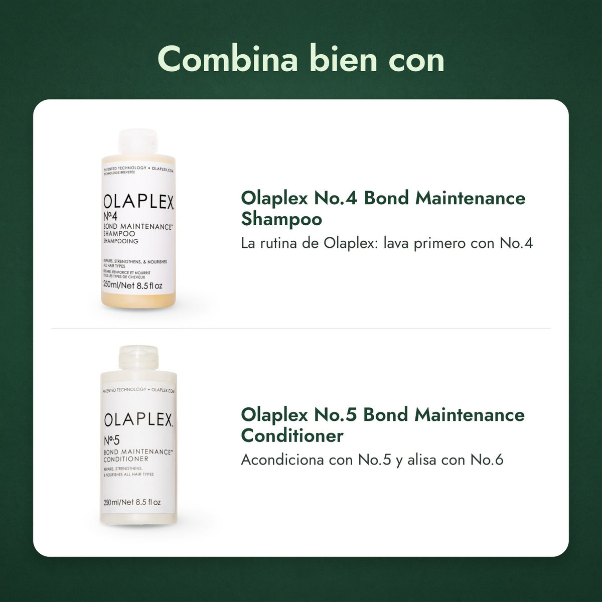 Combina bien con: Olaplex No.4 Bond Maintenance Shampoo, Olaplex No.5 Bond Maintenance Conditioner