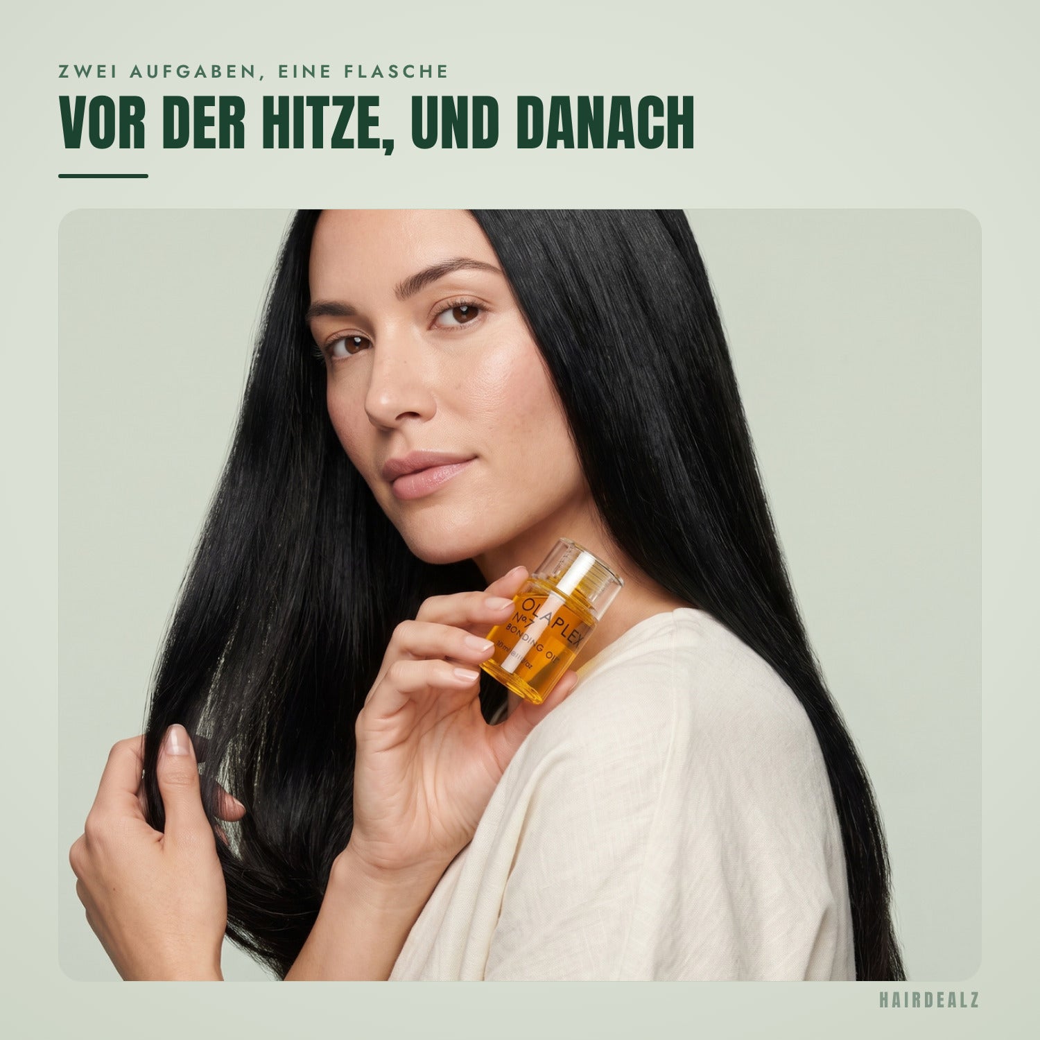 Olaplex No.7 in Anwendung vor grünem Hintergrund