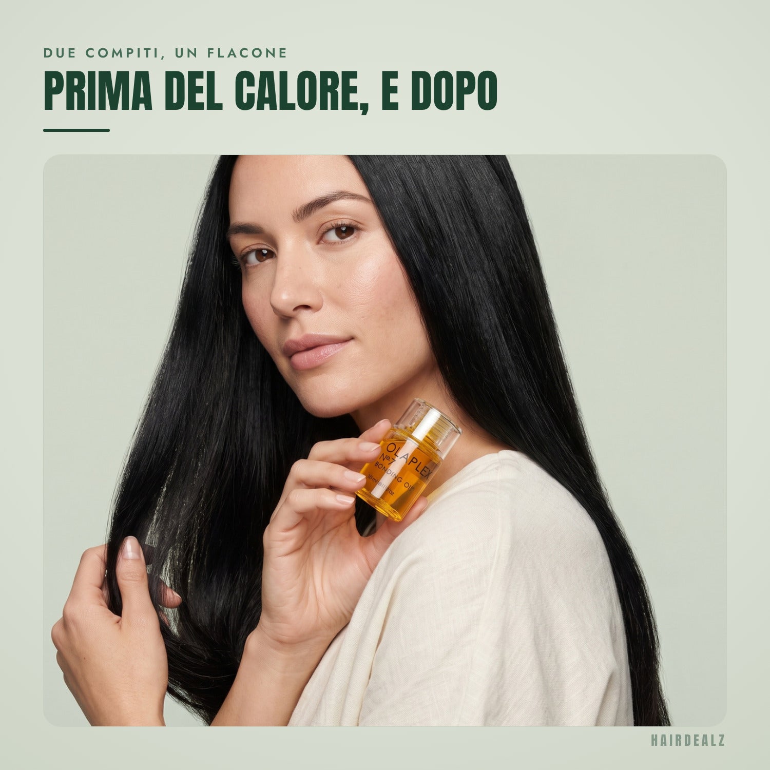 Olaplex No.7 in uso su sfondo verde