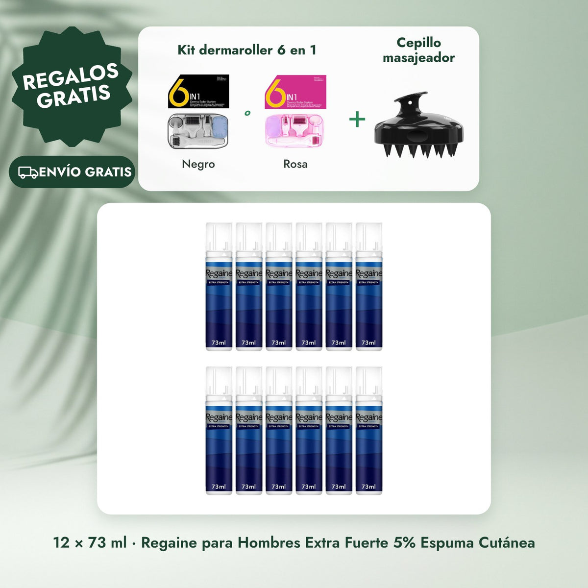 12 × 73 ml · Regaine para Hombres Extra Fuerte 5% Espuma Cutánea: Kit dermaroller 6 en 1, Cepillo masajeador