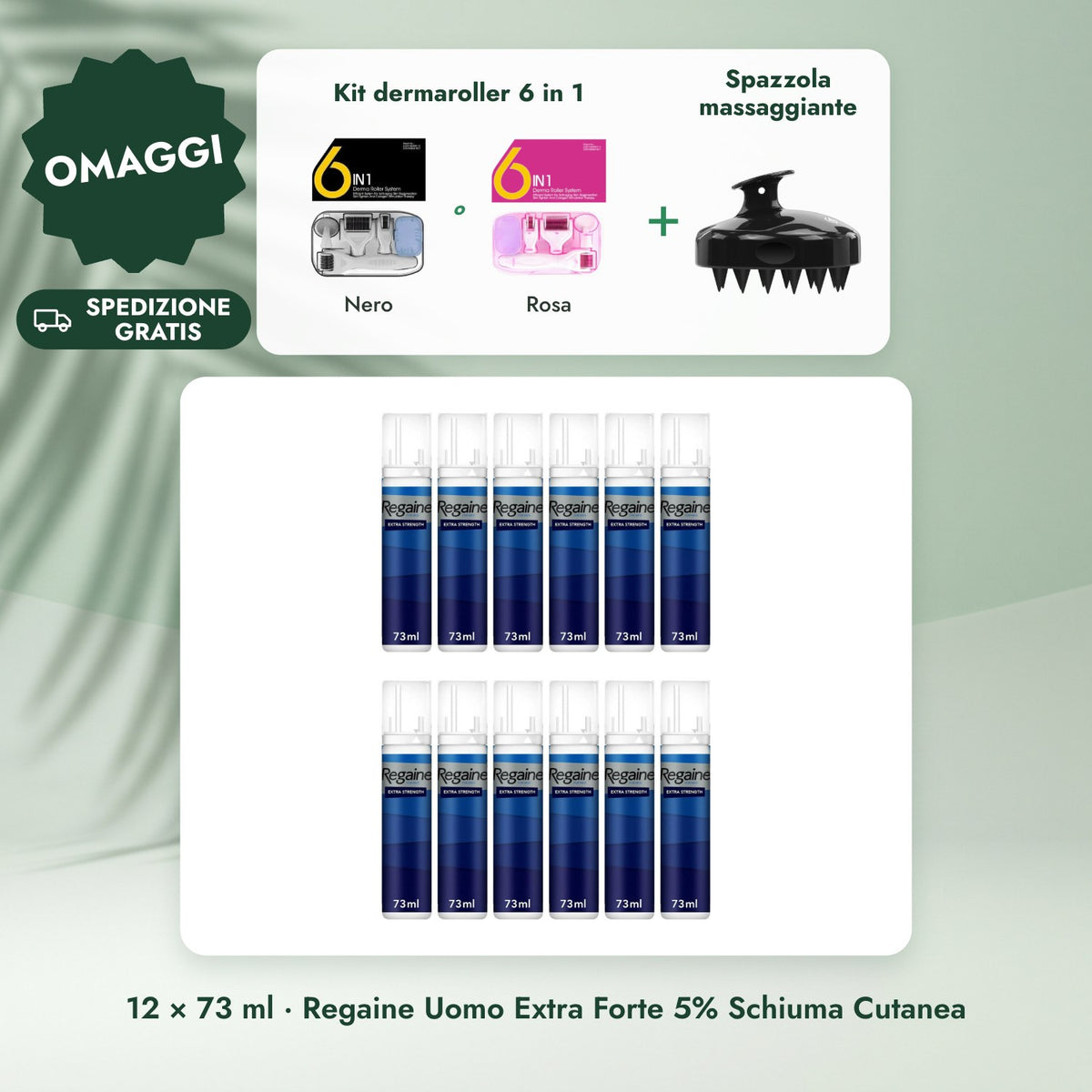 12 × 73 ml · Regaine Uomo Extra Forte 5% Schiuma Cutanea: Kit dermaroller 6 in 1, Spazzola massaggiante
