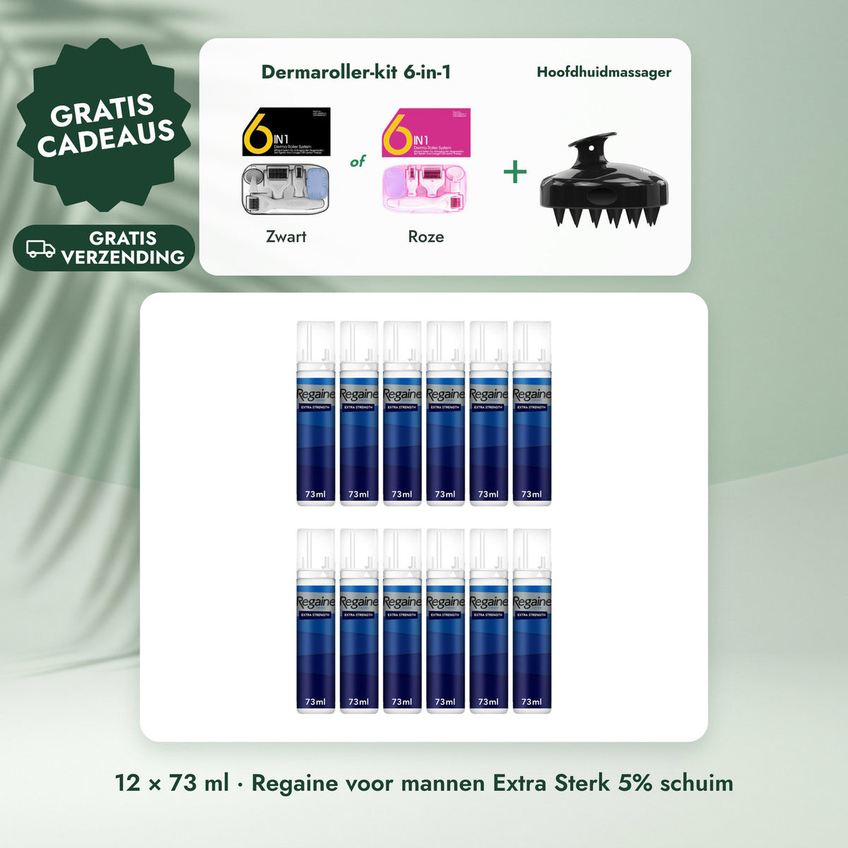 12 × 73 ml · Regaine voor mannen Extra Sterk 5% schuim: Dermaroller-kit 6-in-1, Hoofdhuidmassager