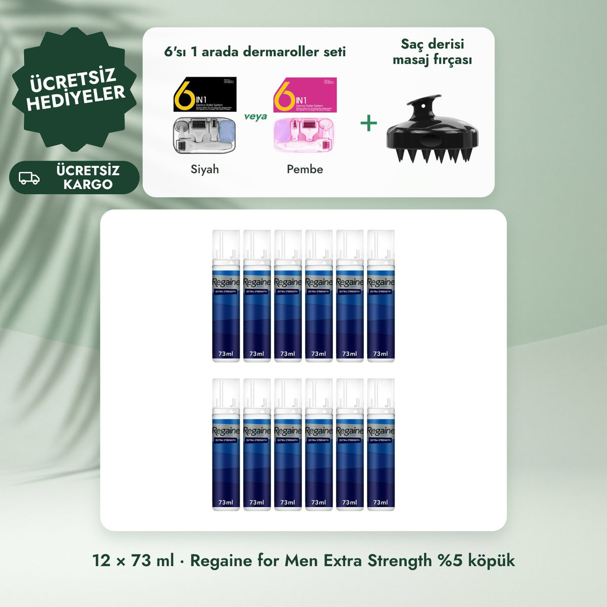 12 × 73 ml · Regaine for Men Extra Strength %5 köpük: 6'sı 1 arada dermaroller seti, Saç derisi masaj fırçası