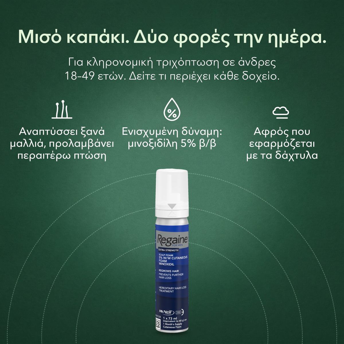 Regaine Extra Strength 5% αφρός για άνδρες: Μισό καπάκι. Δύο φορές την ημέρα. Αναπτύσσει ξανά μαλλιά, προλαμβάνει περαιτέρω πτώση, Ενισχυμένη δύναμη: μινοξιδίλη 5% β/β, Αφρός που εφαρμόζεται με τα δάχτυλα