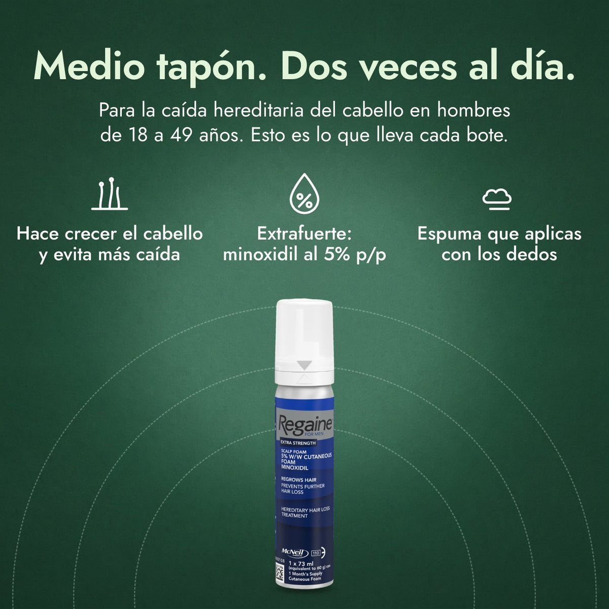 Regaine para Hombres Extra Fuerte 5% Espuma Cutánea: Medio tapón. Dos veces al día. Hace crecer el cabello y evita más caída, Extrafuerte: minoxidil al 5% p/p, Espuma que aplicas con los dedos