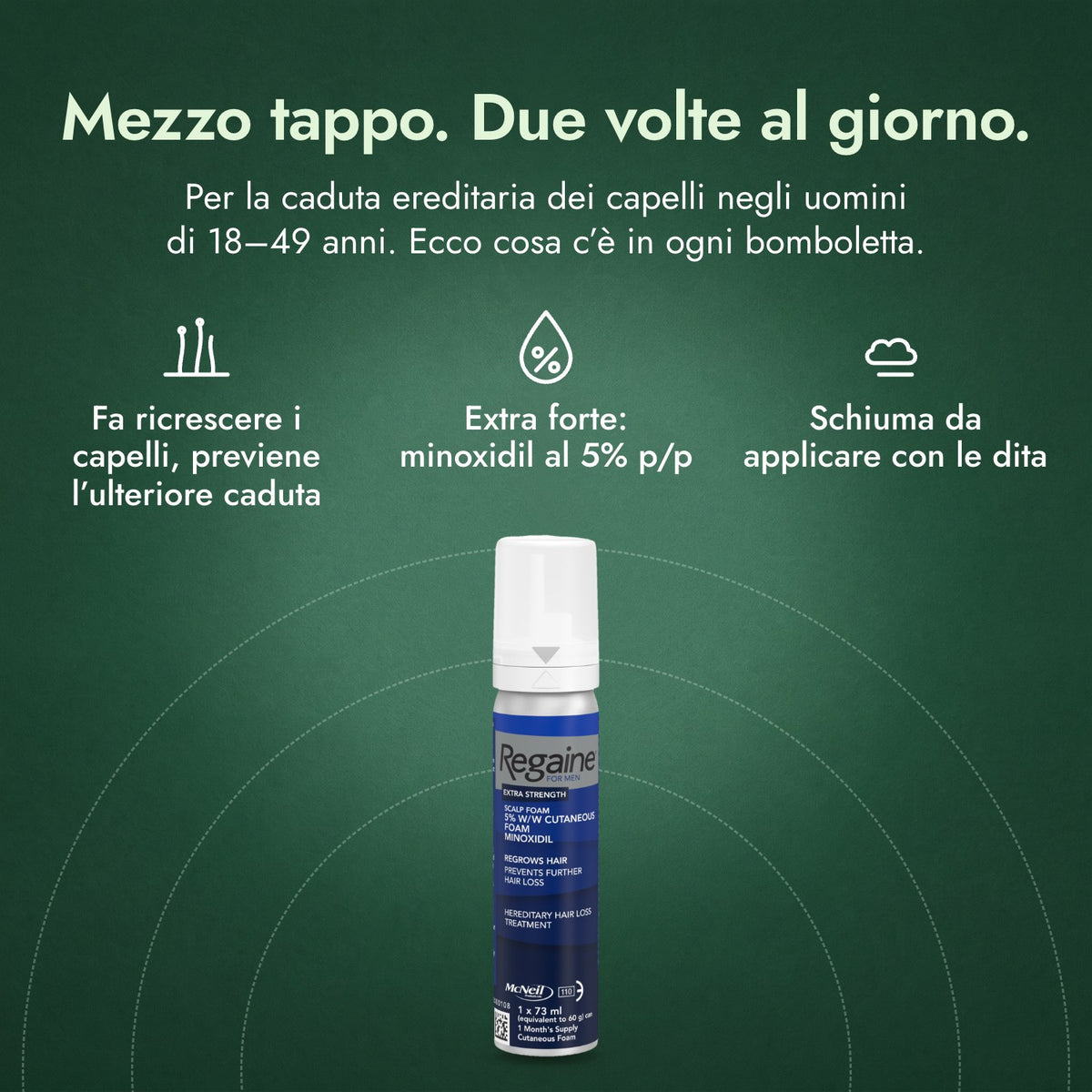 Regaine Uomo Extra Forte 5% Schiuma Cutanea: Mezzo tappo. Due volte al giorno. Fa ricrescere i capelli, previene l’ulteriore caduta, Extra forte: minoxidil al 5% p/p, Schiuma da applicare con le dita