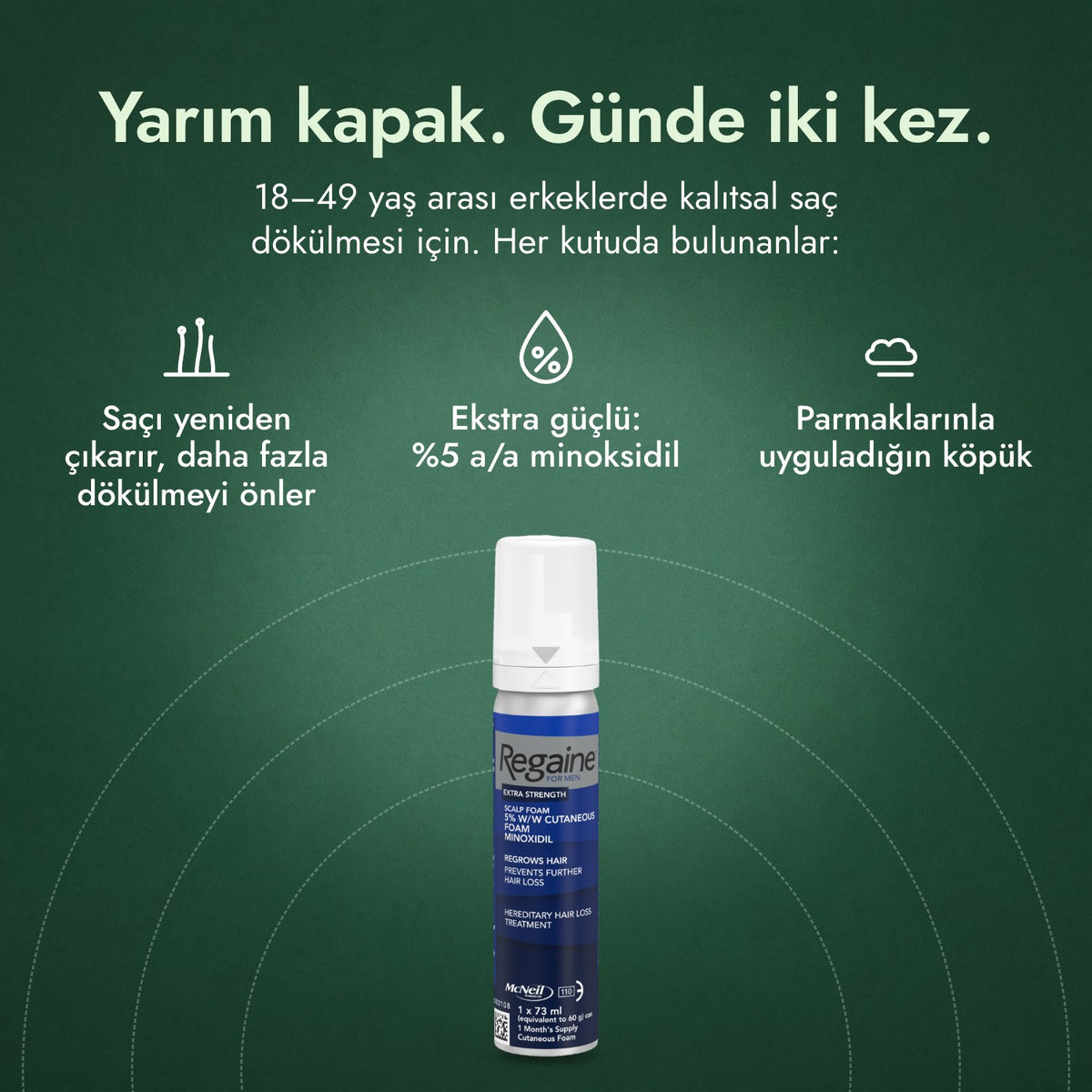 Regaine for Men Extra Strength %5 köpük: Yarım kapak. Günde iki kez. Saçı yeniden çıkarır, daha fazla dökülmeyi önler, Ekstra güçlü: %5 a/a minoksidil, Parmaklarınla uyguladığın köpük