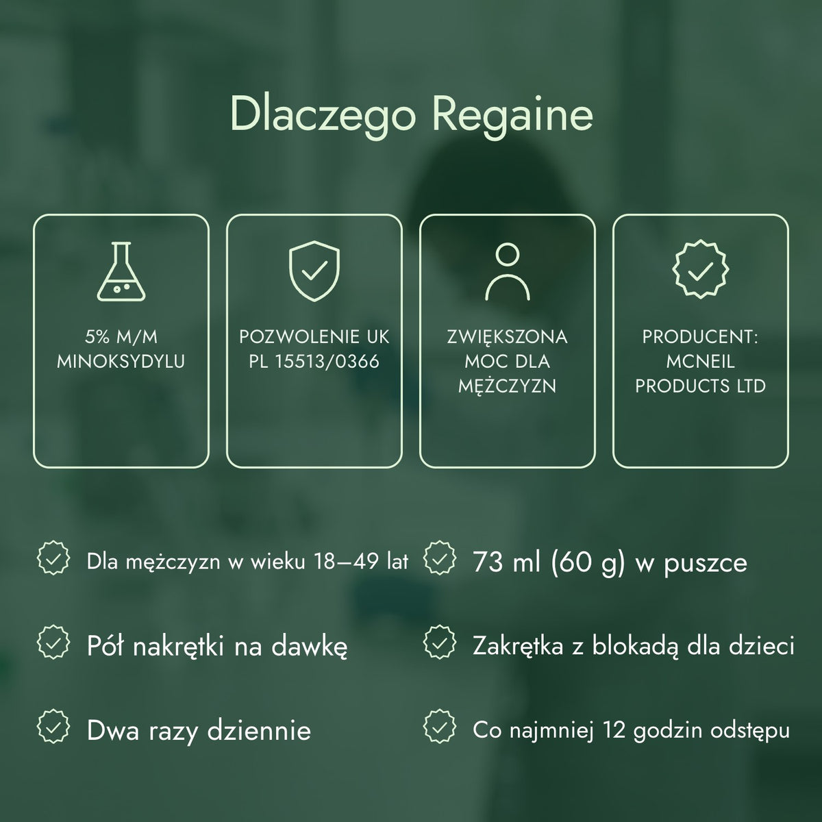 Dlaczego Regaine: 5% m/m minoksydylu, Pozwolenie UK PL 15513/0366, Zwiększona moc dla mężczyzn, Producent: McNeil Products Ltd