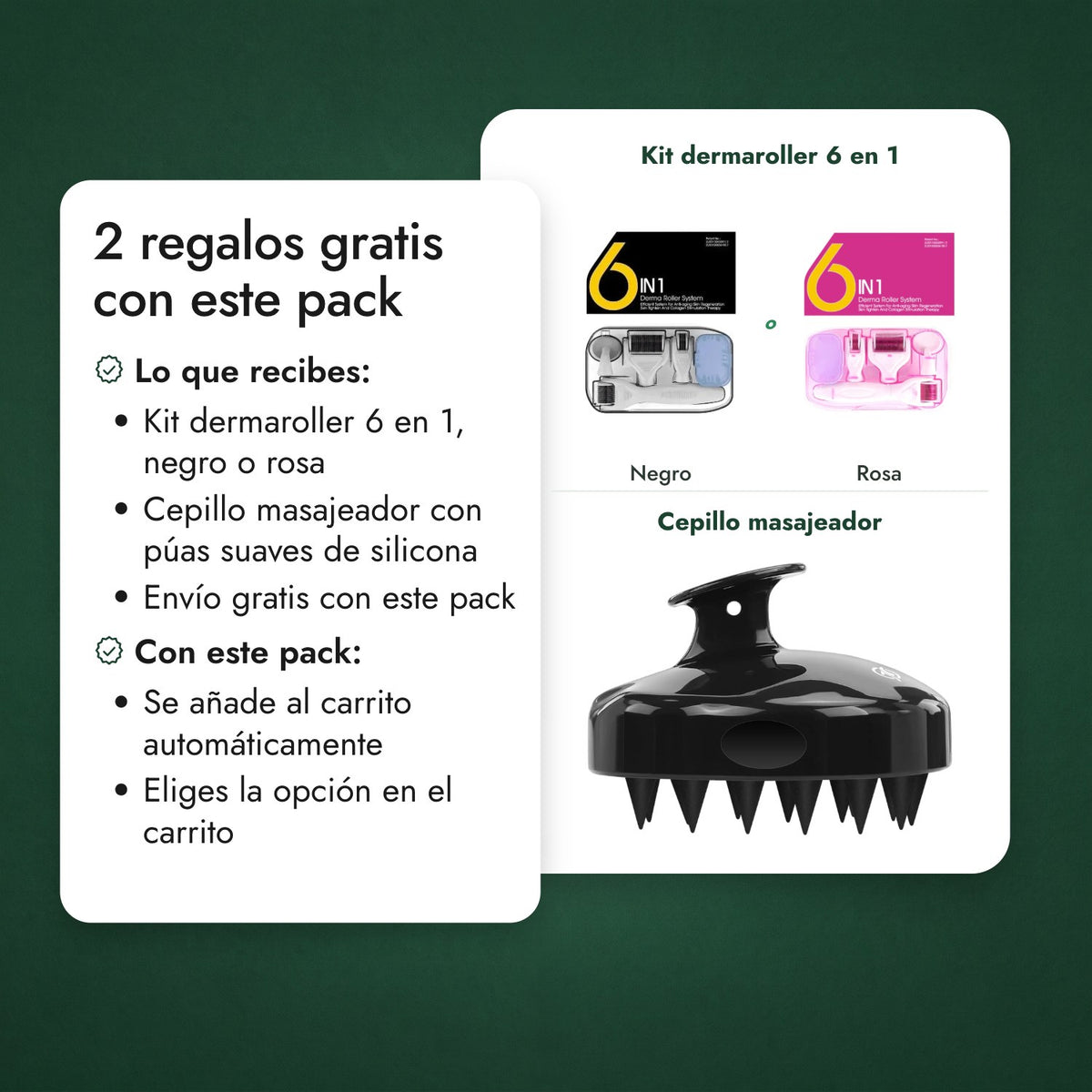2 regalos gratis con este pack: Kit dermaroller 6 en 1, Cepillo masajeador