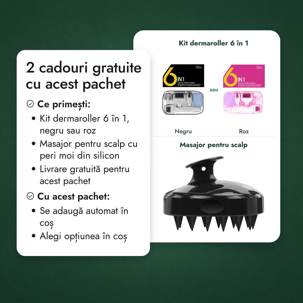 2 cadouri gratuite cu acest pachet: Kit dermaroller 6 în 1, Masajor pentru scalp
