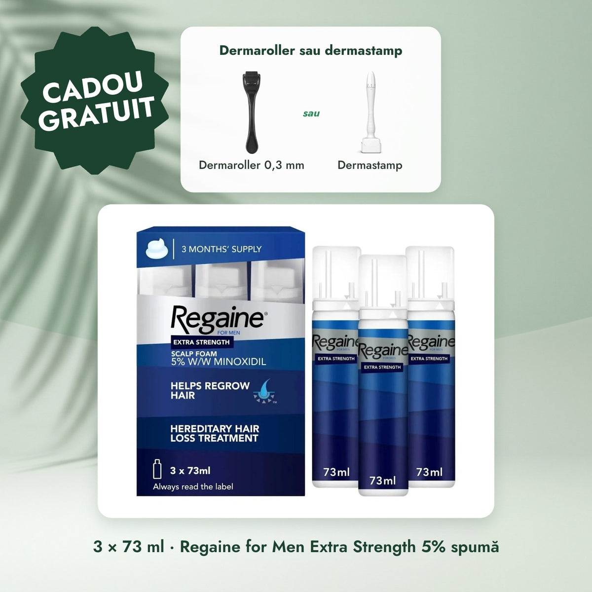 3 × 73 ml · Regaine for Men Extra Strength 5% spumă: Dermaroller sau dermastamp