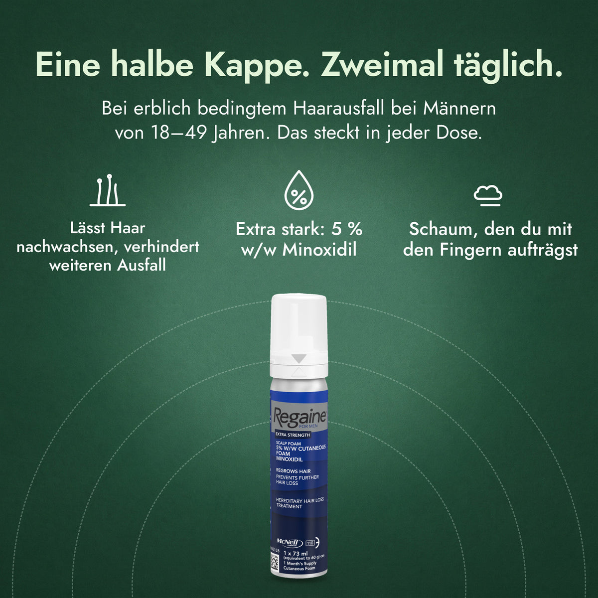 Regaine Männer Extra Stark 5 % Schaum: Eine halbe Kappe. Zweimal täglich. Lässt Haar nachwachsen, verhindert weiteren Ausfall, Extra stark: 5 % w/w Minoxidil, Schaum, den du mit den Fingern aufträgst