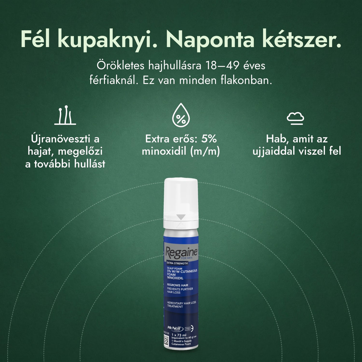 Regaine férfiaknak Extra Strength 5% külsőleges hab: Fél kupaknyi. Naponta kétszer. Újranöveszti a hajat, megelőzi a további hullást, Extra erős: 5% minoxidil (m/m), Hab, amit az ujjaiddal viszel fel