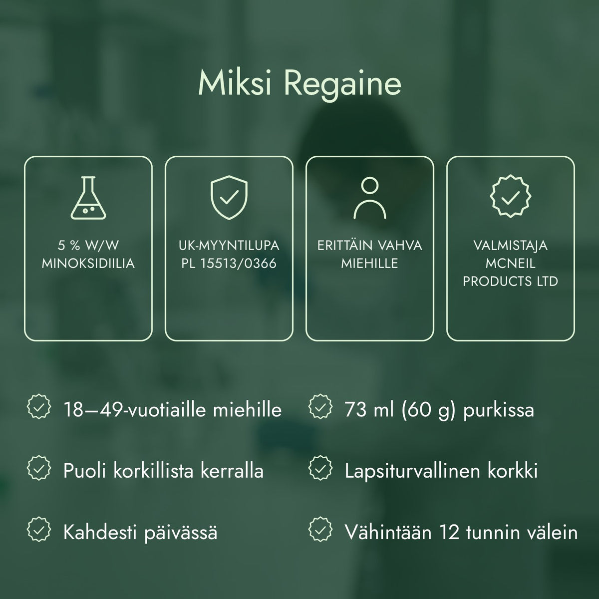 Miksi Regaine: 5 % w/w minoksidiilia, UK-myyntilupa PL 15513/0366, Erittäin vahva miehille, Valmistaja McNeil Products Ltd