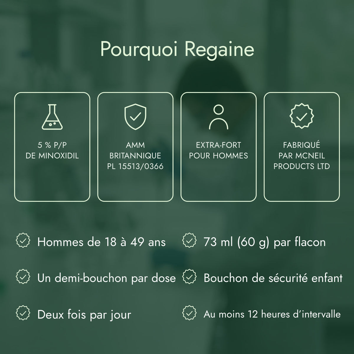Pourquoi Regaine: 5 % p/p de minoxidil, AMM britannique PL 15513/0366, Extra-fort pour hommes, Fabriqué par McNeil Products Ltd